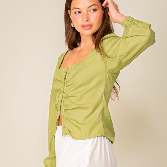 LUMIERE Light Green Ruched Button-Front Top, Square Neck Long Sleeve Blouse - Picture 3 of 6